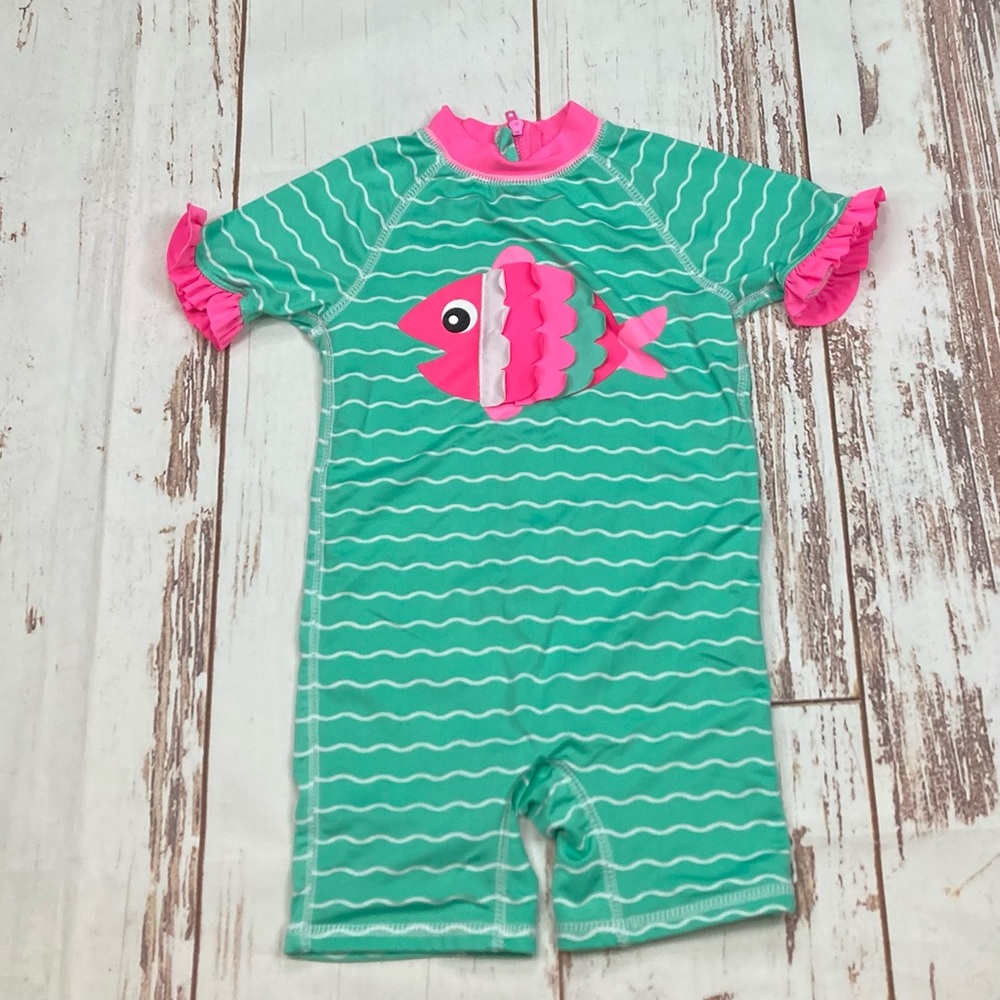 Wippette Swimsuit Rashguard One Piece Sea Foam Green & Hot Pink Sz 18M